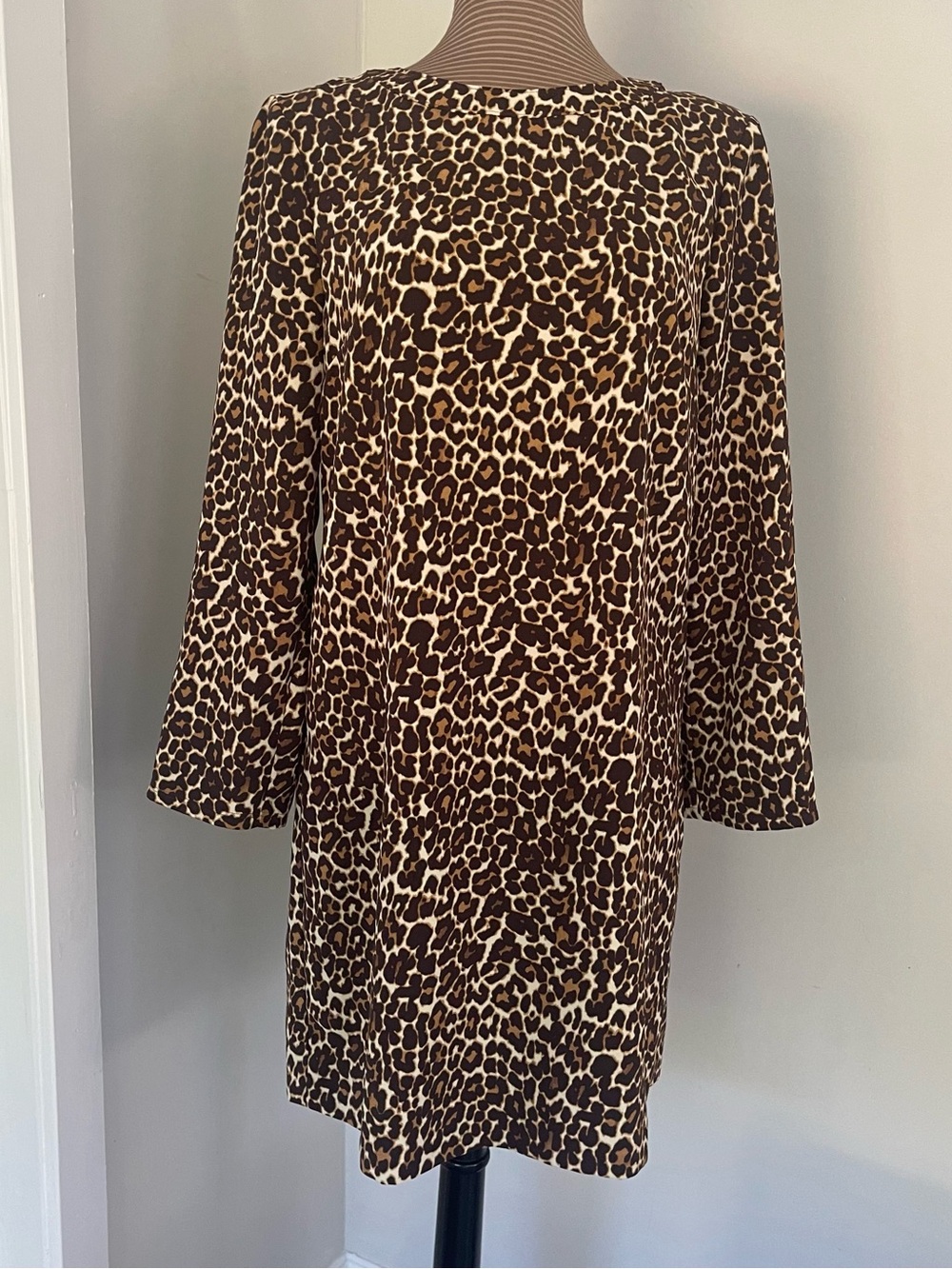 J Crew Leopard Print Long Sleeve Shift Dress - Brown & Cream